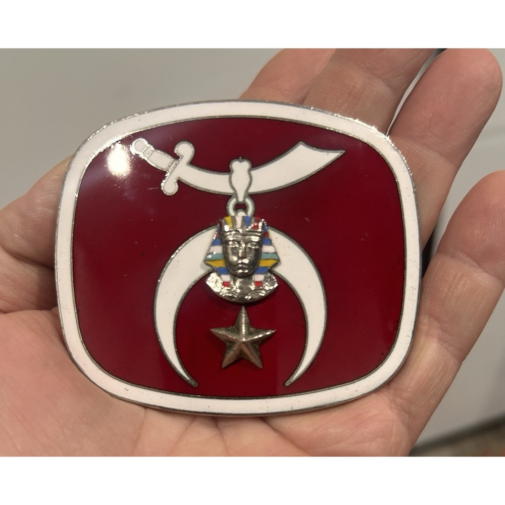 Vintage Masonic Shriner Emblem Red and White Belt Buckle 3"x2.5"